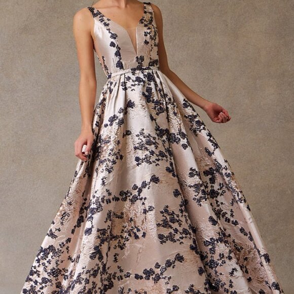 rose gold/navy formal dress. Print Mother of the bride evening ball gown pageant - Picture 1 of 5
